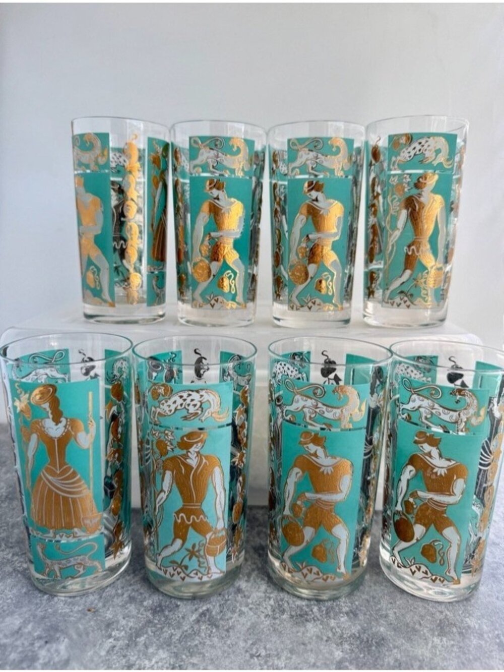 VTG Gay Fad Bar Glassware 22k Gold & Turquoise Roman Figures (8) 12 0z High Ball